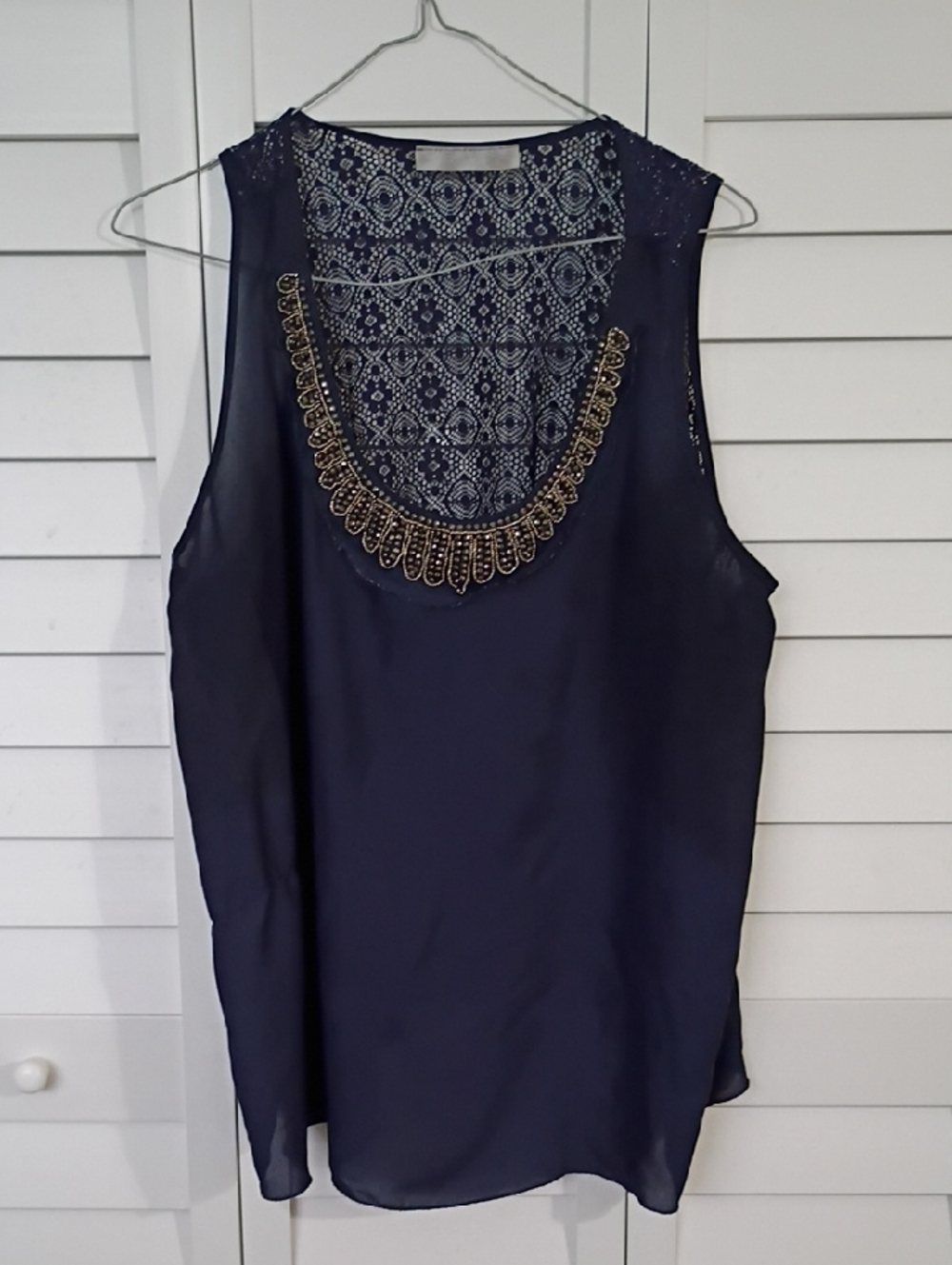 Sleeveless Navy Beaded Scoop Neck Tank Top